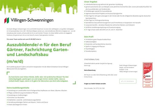 Stadt Villingen-Schwenningen Ausbildung Gärtner*in ab 01.09.27