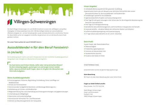 Stadt Villingen-Schwenningen Ausbildung Forstwirt*in ab 01.09.27