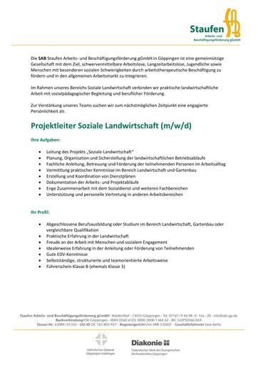 Stelle ProjektleiterIn Soziale Landwirtschaft
